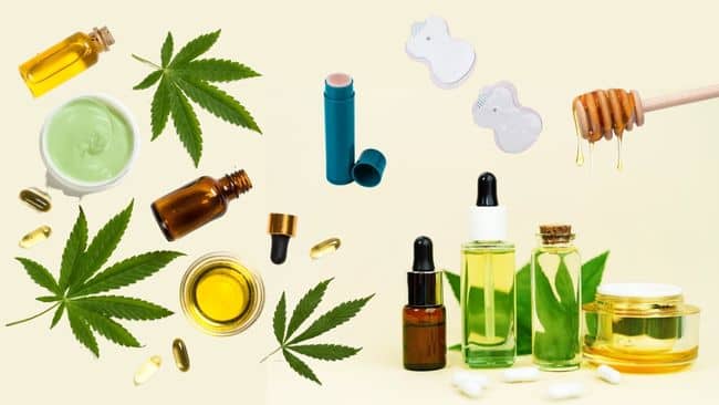Images of CBD products, oils, transdermal patches, honey, etc.